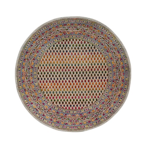 Beige Sarouk Mir Inspired With Repetitive Boteh Design Colorful Wool And Sari Silk Hand Knotted Oriental Round Rug