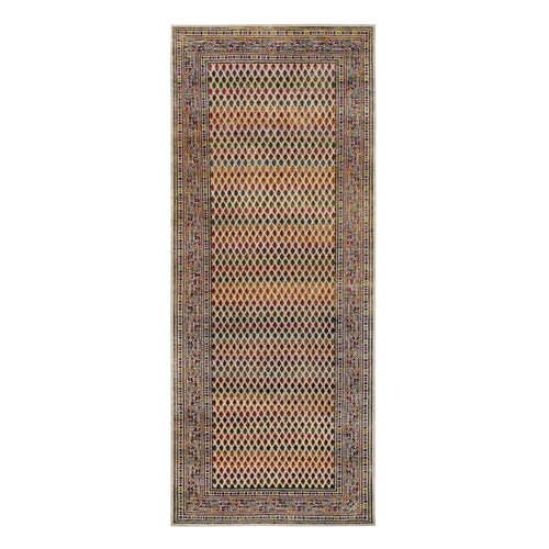 Hand Knotted Beige Sarouk Mir Inspired With Repetitive Boteh Design Colorful Wool And Sari Silk Oriental Wide Runner Rug