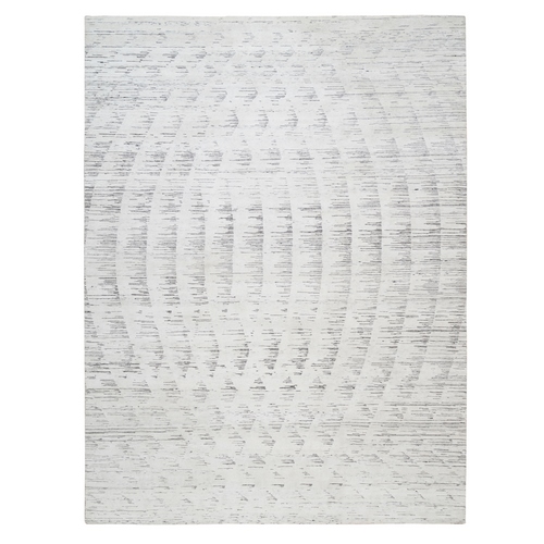 Repetitive Curvilinear Design Hand Knotted Undyed Natural Wool Ivory Tone on Tone Oriental Rug