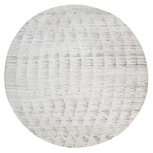 Ivory Tone on Tone Repetitive Curvilinear Design Hand Knotted Undyed Natural Wool Oriental Round Rug