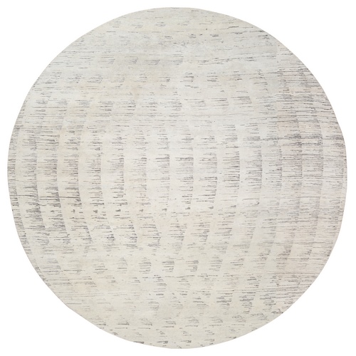 Tone on Tone Repetitive Curvilinear Design Hand Knotted Undyed Natural Wool Ivory Oriental Round 