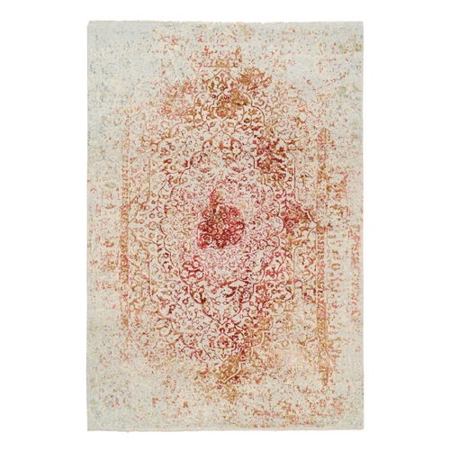 Pink Persian Erased Medallion Design Wool and Pure Silk Hand Knotted Oriental Rug