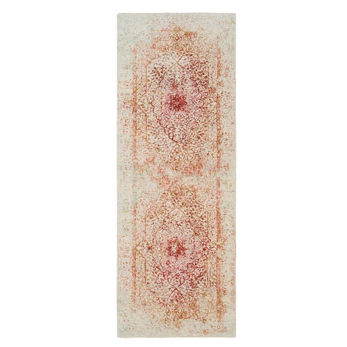 Hand Knotted Pink Persian Erased Medallion Design Wool and Pure Silk Oriental Wide Runner 