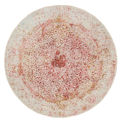 Wool and Pure Silk Hand Knotted Pink Persian Erased Medallion Design Oriental Round 
