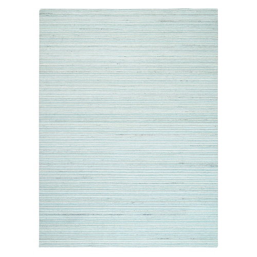 Ivory with Turquoise Modern Design Plain Hand Loomed Natural Wool Oriental Rug