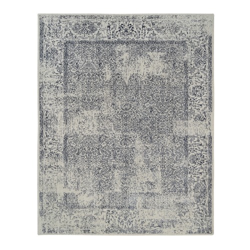 Wool and Plant Based Silk Hand Loomed Light Gray Fine Jacquard with Erased Design Oriental 