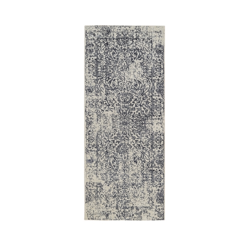 Hand Loomed Light Gray Fine Jacquard with Erased Design Wool and Art Silk Oriental Runner Rug