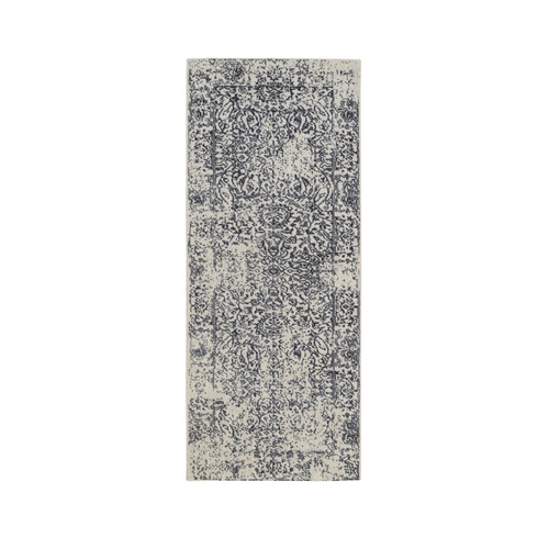 Gray Wool and Plant Based Silk Hand Loomed Fine Jacquard with Erased Design Oriental Runner Rug