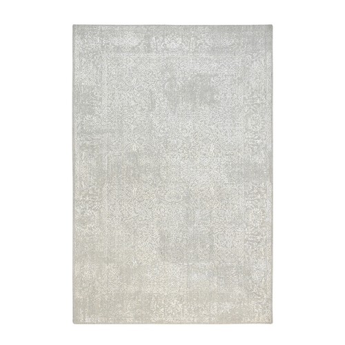 Beige Wool and Plant Based Silk Hand Loomed Fine Jacquard with Erased Design Oriental Rug