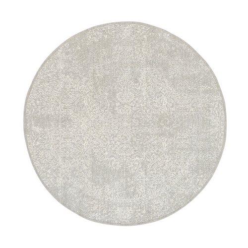 Beige Wool and Plant Based Silk Hand Loomed Fine Jacquard with Erased Design Oriental Round Rug