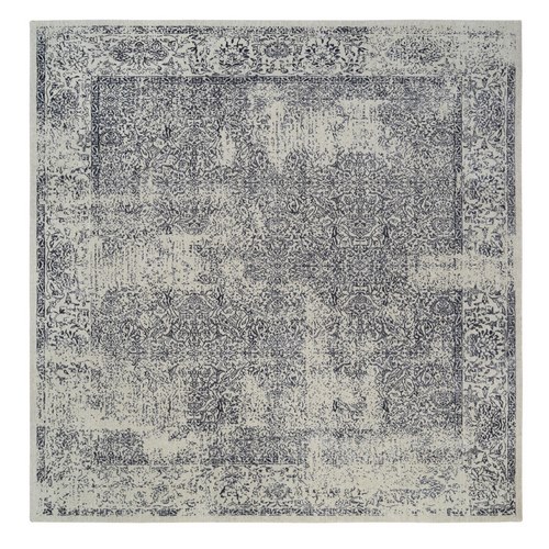 Fine Jacquard with Erased Design Wool and Plant Based Silk Hand Loomed Light Gray Oriental Square Rug