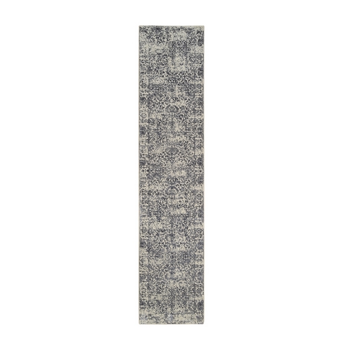 Wool and Art Silk Hand Loomed Light Gray Fine Jacquard with Erased Design Oriental Runner Rug