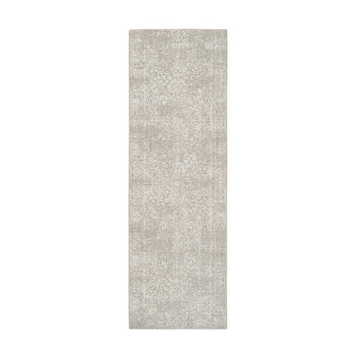 Beige Wool and Plant Based Silk Hand Loomed Fine Jacquard with Erased Design Oriental Runner Rug