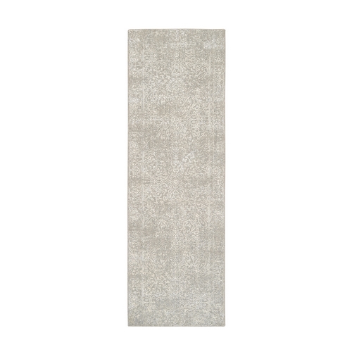 Beige Fine Jacquard with Erased Design, Wool and Plant Based Silk, Hand Loomed, Oriental Runner Rug