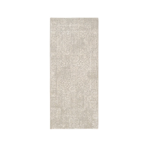 Beige Wool and Plant Based Silk Hand Loomed Fine Jacquard with Erased Design Oriental Runner  Rug