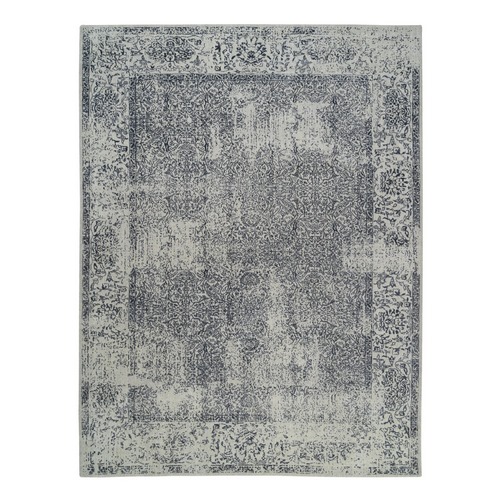 Light Gray Fine Jacquard with Erased Design Wool and Plant Based Silk Hand Loomed Oriental Rug
