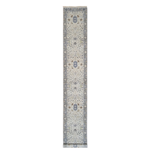 Ivory with All Over Design Dense Weave Wool Oushak Hand Knotted Oriental XL Runner Rug