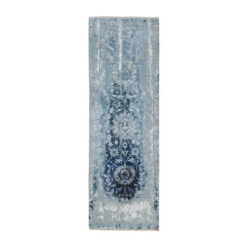 Blue-Teal Persian Tabriz Broken Design Wool and Silk Hand Knotted Oriental Runner 