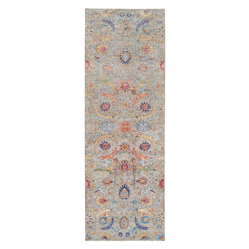 Tan Sickle Leaf Design Silk With Textured Wool Hand Knotted Oriental Wide Runner Rug