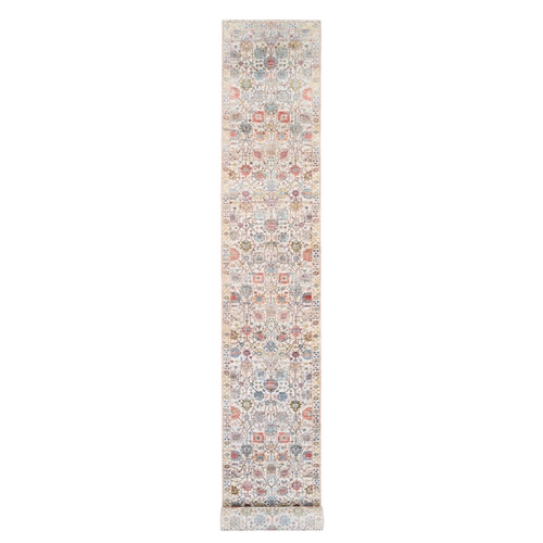 Ivory Tabriz Vase With Flower Design Colorful Silk With Textured Wool Hand Knotted Oriental XL Runner Rug