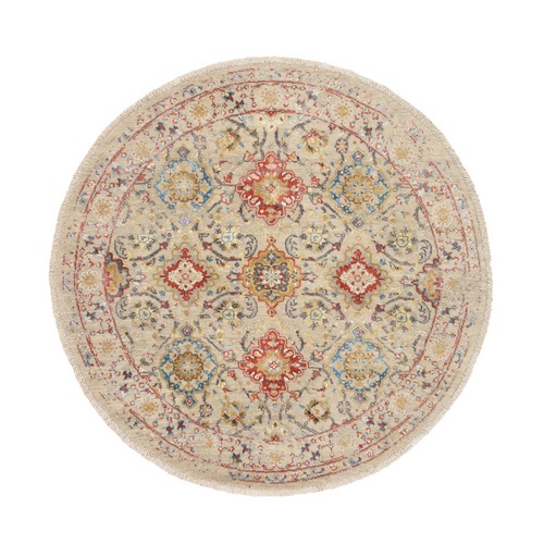 Beige THE SUNSET ROSETTES Wool And Pure Silk Hand Knotted Oriental Round Rug