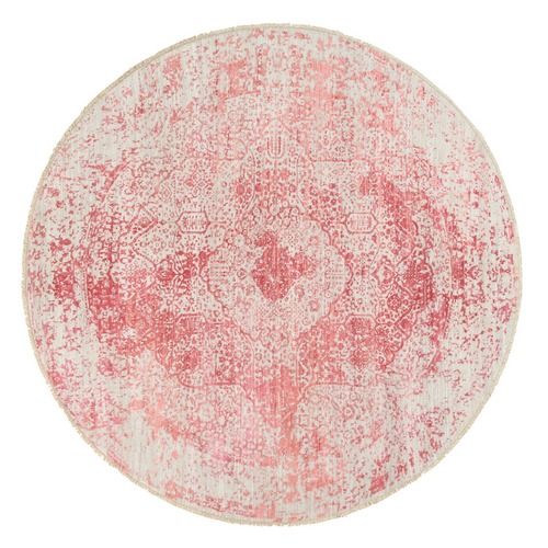 Ivory with Touches of Pink Wool and Pure Silk Hand Knotted Broken Persian Design Oriental Round 