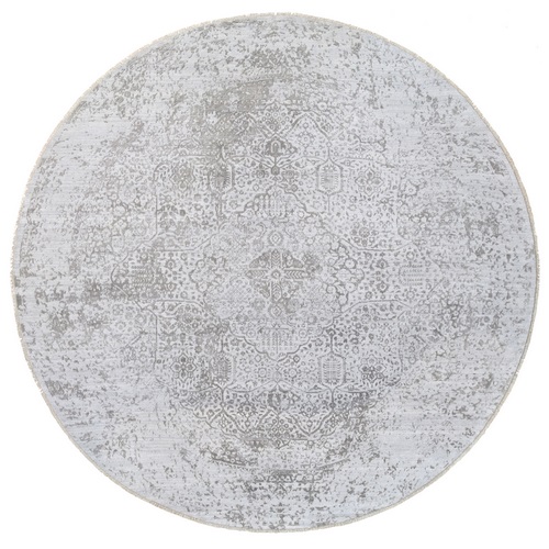 Hand Knotted Silver Gray Broken Persian Design Wool and Pure Silk Oriental Round Rug
