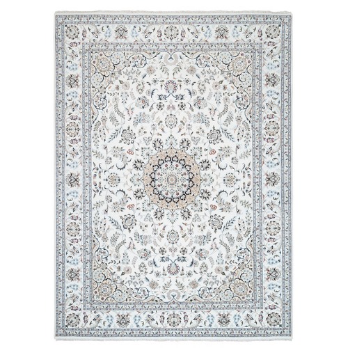 Ivory Nain with Flower and Medallion Design Wool and Silk 250 KPSI Hand Knotted Oriental Rug