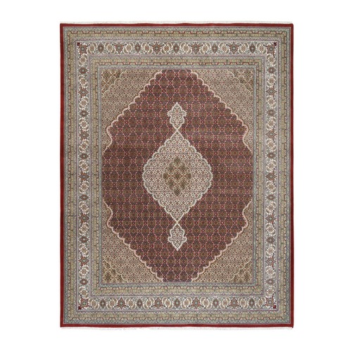 Wool and Silk 175 KPSI Hand Knotted Deep Red Tabriz Mahi with Fish Medallion Design Oriental Rug