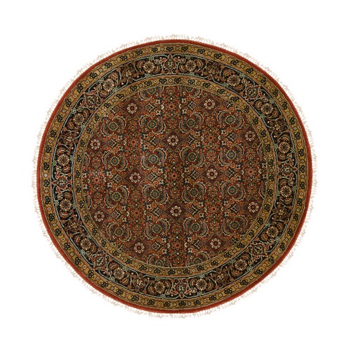 175 KPSI Hand Knotted Brick Red Herati All Over Fish Design Luxurious Wool and Silk Oriental Round Rug