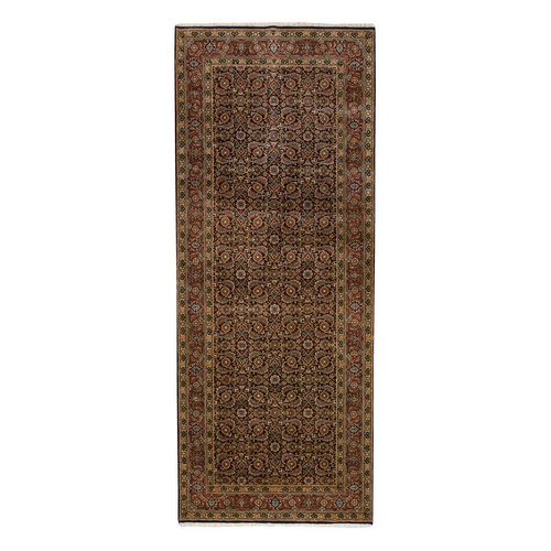 Midnight Blue Herati with All Over Fish Design Dense Weave Wool 175 KPSI Hand Knotted Oriental Gallery Size Runner Rug