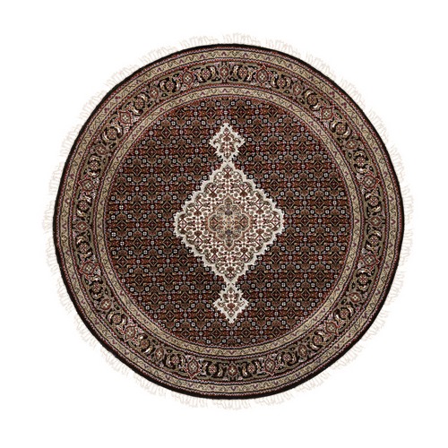 175 KPSI Hand Knotted Rich Black Tabriz Mahi with Fish Medallion Design Wool Oriental Round Rug