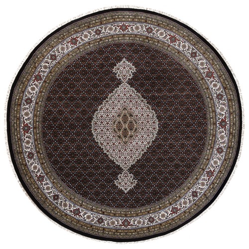 Rich Black, Tabriz Mahi with Fish Medallion Design, 175 KPSI, Hand Knotted, Wool and Silk Oriental Round 