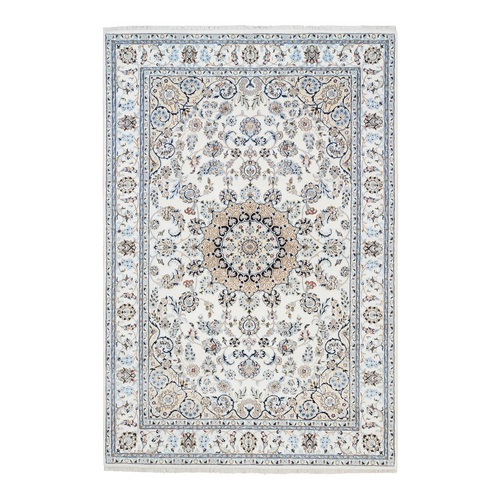 Ivory Nain with Flower Medallion Design, Hand Knotted, 250 KPSI, Wool and Silk, Oriental Rug