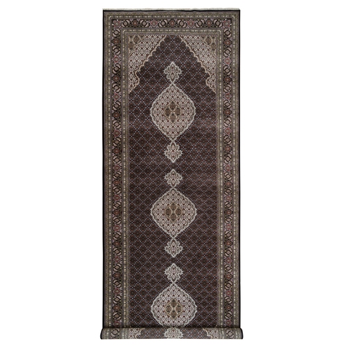 Rich Black Tabriz Mahi with Fish Medallion Design, Wool and Silk, 175 KPSI, Hand Knotted Oriental Wide Runner Rug