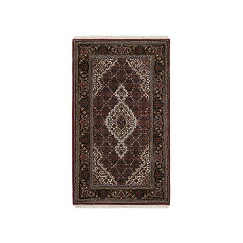 Red Tabriz Mahi, 175 KPS, Hand Knotted with Fish Medallion Design, Wool and Silk Oriental Rug