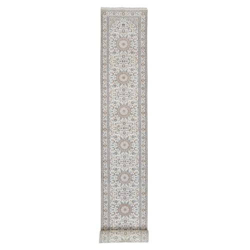 Ivory, Nain with Center Medallion Design, 250 KPSI Wool and Silk Hand Knotted, XL Runner Oriental Rug