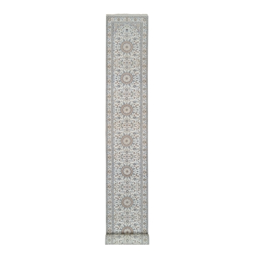 Ivory, Nain with Flower Medallion Design, 250 KPSI Wool and Silk Hand Knotted, XL Runner Oriental 