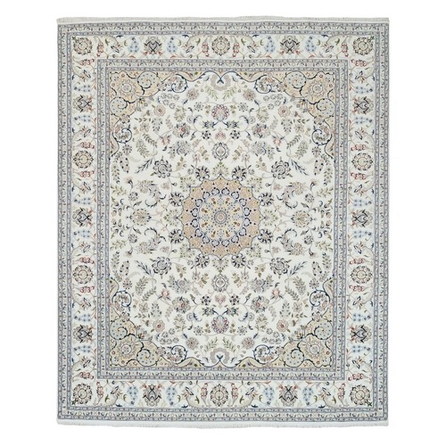 Ivory, Wool and Silk Hand Knotted, Nain with Flower Medallion Design 250 KPSI, Oriental Rug