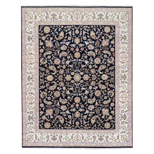 Midnight Blue, Hand Knotted Nain All Over Floral Design, 250 KPSI Wool and Silk, Oriental Rug