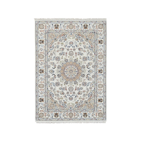 Ivory, Nain with Center Medallion Design, 250 KPSI Wool and Silk Hand Knotted, Oriental Rug