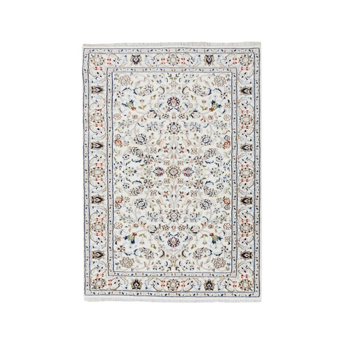 Ivory, Hand Knotted Nain with All Over Flower Design, 250 KPSI Wool and Silk, Oriental Rug