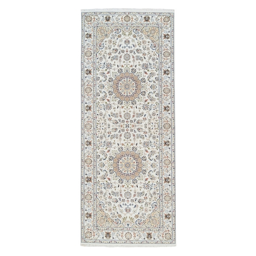 Ivory, Nain with Center Medallion Flower Design, 250 KPSI Wool Hand Knotted, Wide Runner Oriental Rug