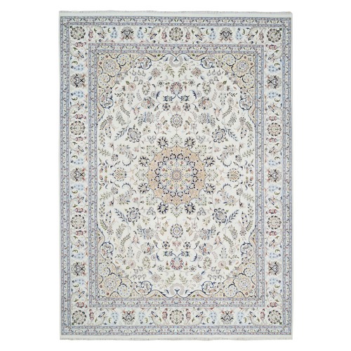 Ivory, Hand Knotted Nain with Center Medallion Design, 250 KPSI Wool and Silk, Oriental Rug