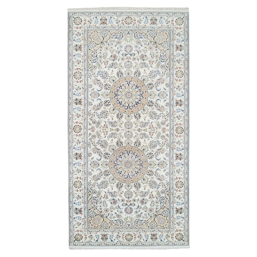 Ivory, Hand Knotted Nain with Flower Medallion Design, 250 KPSI Wool and Silk, Gallery Size Oriental Rug