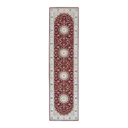 Cherry Red, Hand Knotted Nain with Medallion and Flower Design, 250 KPSI Wool, Runner Oriental 