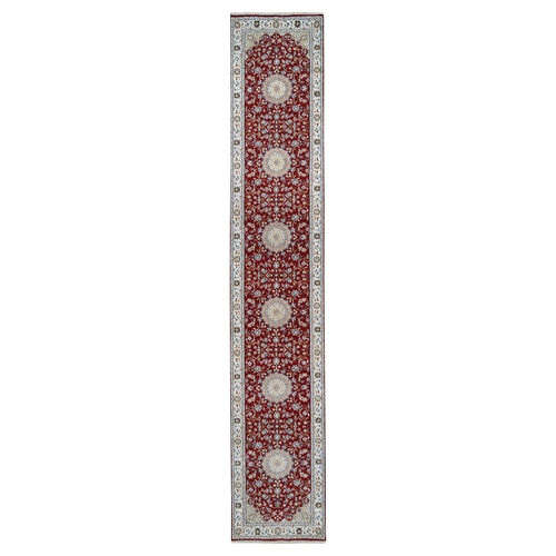 Cherry Red, Wool Hand Knotted, Nain with Medallion and Flower Design 250 KPSI, Runner Oriental 