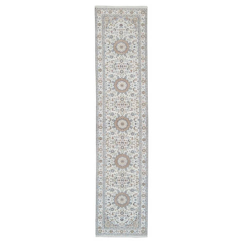 Ivory, Hand Knotted Nain with Flower Medallion Design, 250 KPSI Wool and Silk, Runner Oriental Rug
