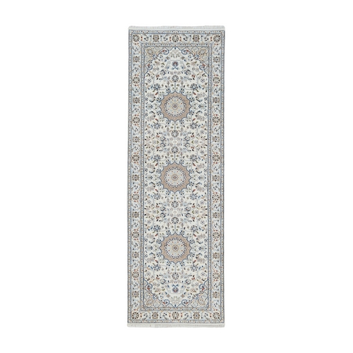 Ivory, Wool and Silk Hand Knotted, Nain with Center Medallion Design 250 KPSI, Runner Oriental Rug
