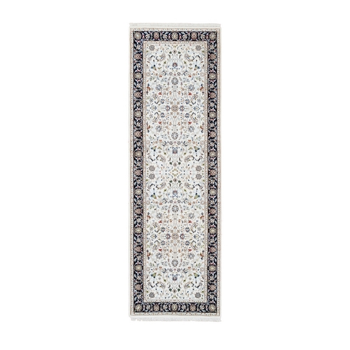 Ivory, Hand Knotted Nain All Over Flower Design, 250 KPSI Wool and Silk, Runner Oriental Rug